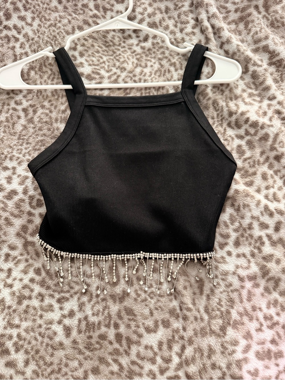 Black Beaded Fringe Ribbed Crop Top